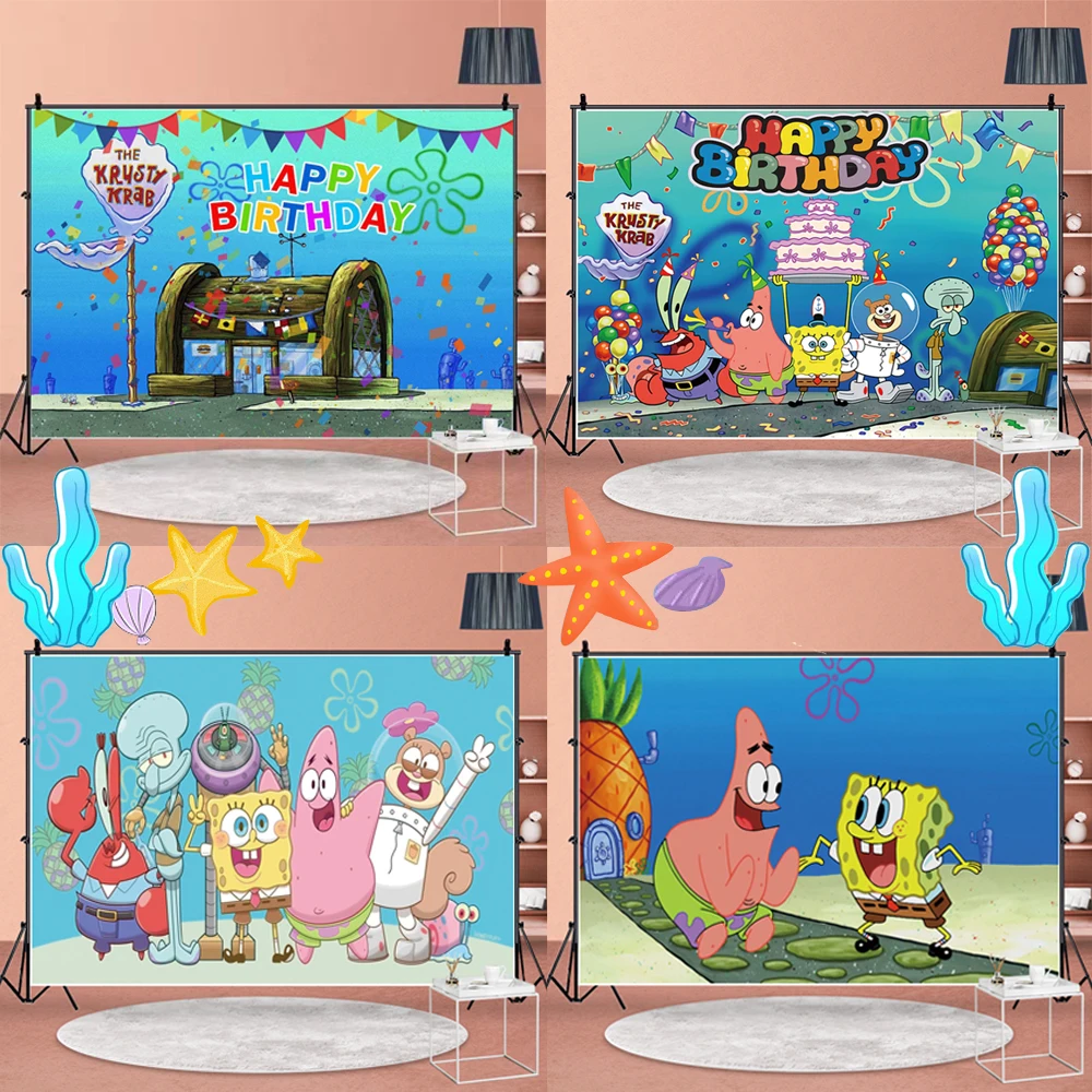 

Sponge-bob Birthday Customize Background Customize Yellow Bob Photo Booth Backdrop Happy Birthday Party Decoration Photocall
