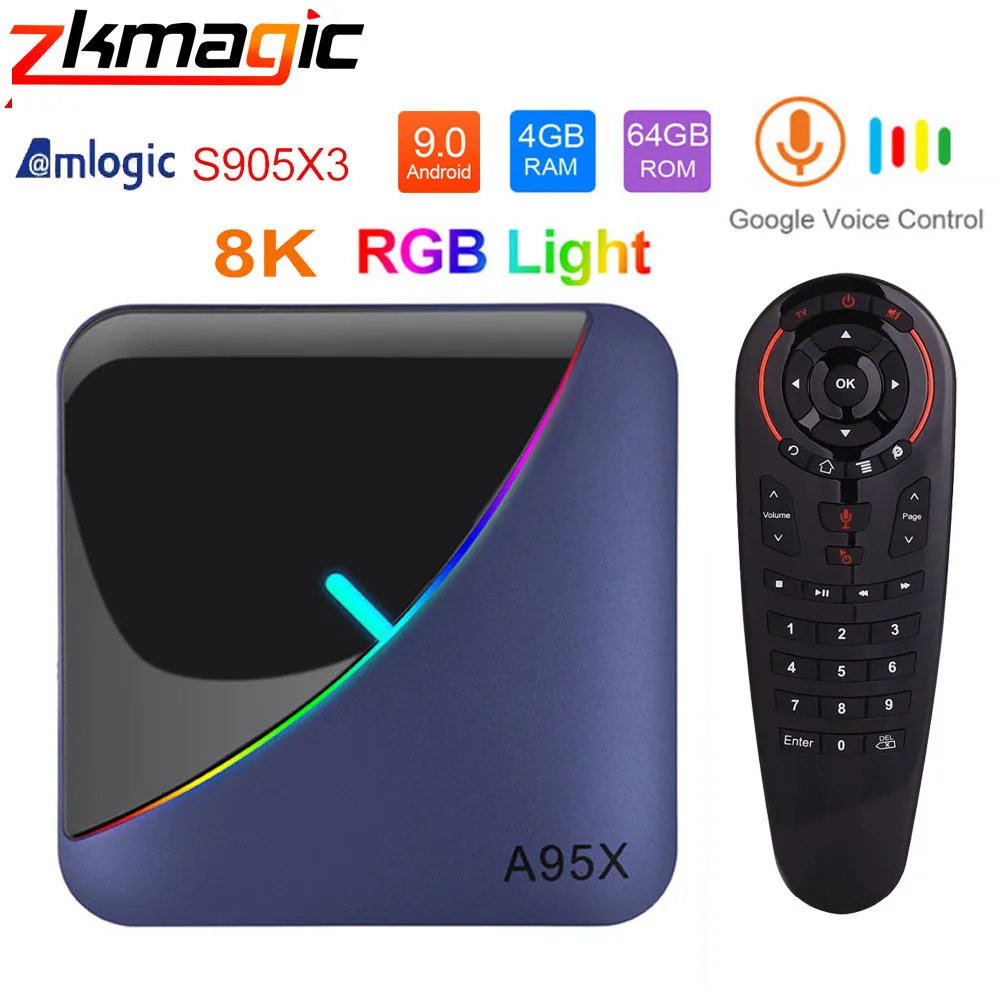 ТВ-приставка A95X F3 ТВ-бокс на Android 9 0 с RGB светильник чип Amlogic S905X3 2 4 ГГц и 5G Wi-Fi Bluetooth