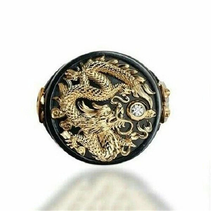 

2019 Gold Black Ring Gold Color Dragon CZ Stone Ball Male Ring Vintage Punk Hip Hop Finger Ring For Men Ethnic Jewelry O5P139