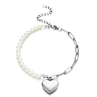 stainless steel simulated pearl beads heart charm bracelets for women silvergold color metal heart pendant pearl bracelets