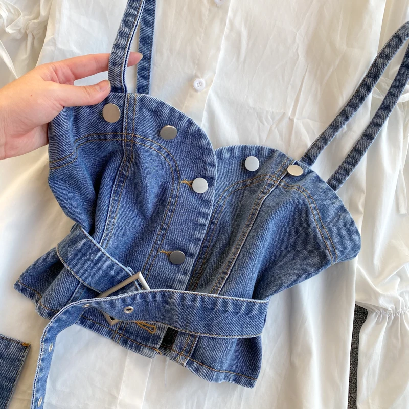 Женский джинсовый костюм майка и однобортный Топ в гонконгском стиле с пышными