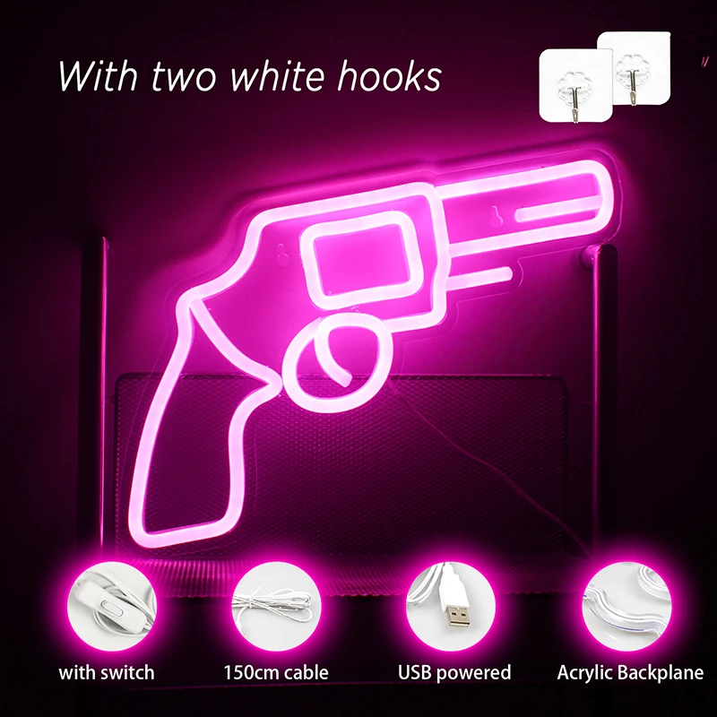 Wanxing Neon Sign Lights Pink Gun Pistol Shaped Wall Hanging Art Night Lamps For Bedroom Game Room Decor Usb Witch Switch | Освещение