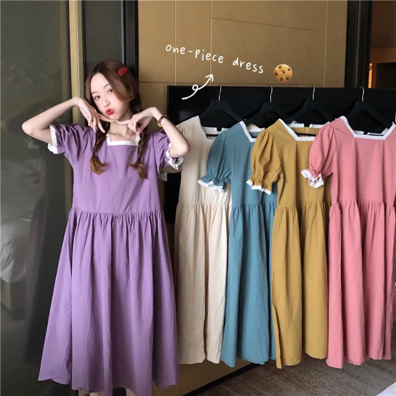 

CMAZ Dresses For Women Summer 2021 Korean Style Puff Sleeve Square Collar Solid Color Midi Loose Dress Elegant Female Vestidos