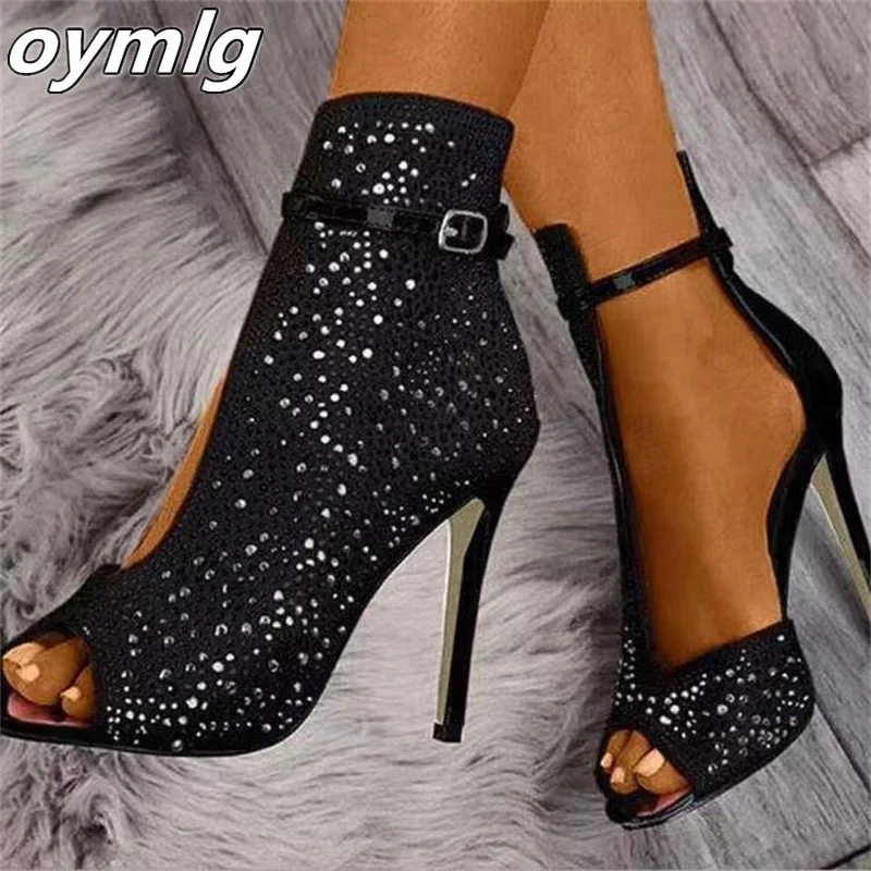 2021 новая обувь с украшением в виде кристаллов каблук сандалии ремешками на