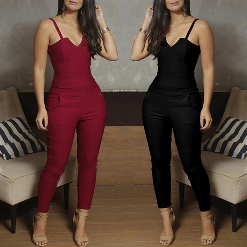 

Casual Elegant Skinny Playsuits Overalls Women Solid Spaghetti Strap Pocket Design Sexy Sling Sleeveless Romper