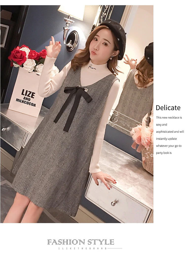 6596# 2PCS/Set Autumn Korean Fashion Maternity Dress Sweet Lovely Straight Loose Clothes for Pregnant Women Fall Pregnancy