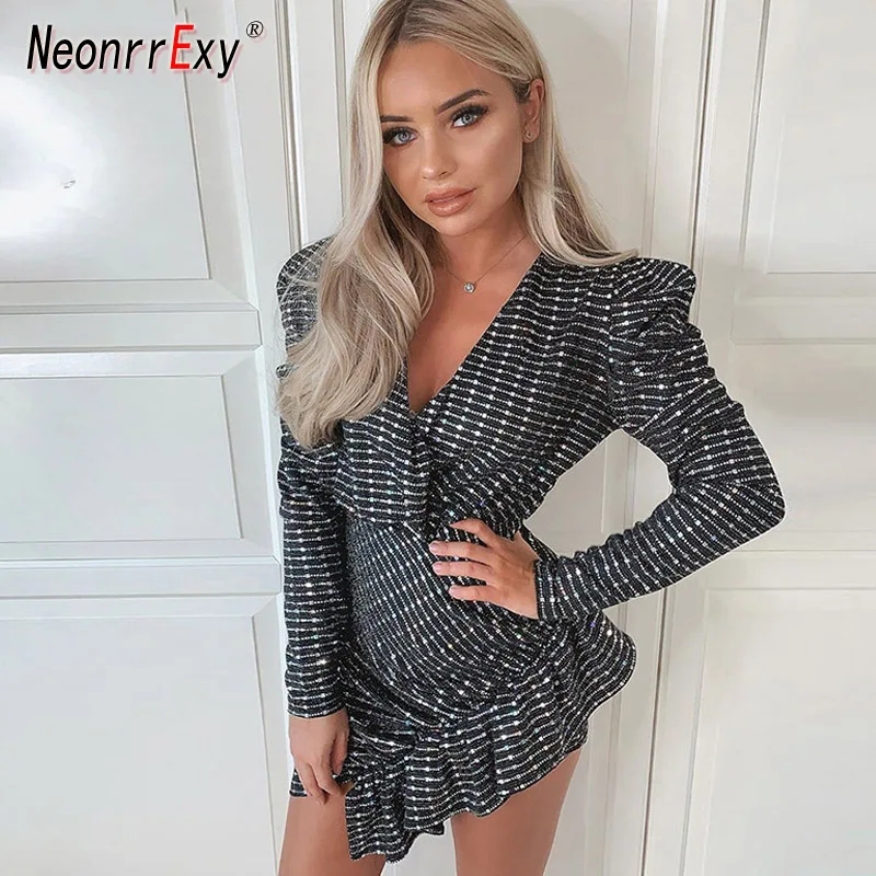 Neonrrexy сексуальное мини-платье расшитое блестками с асимметричным подолом и