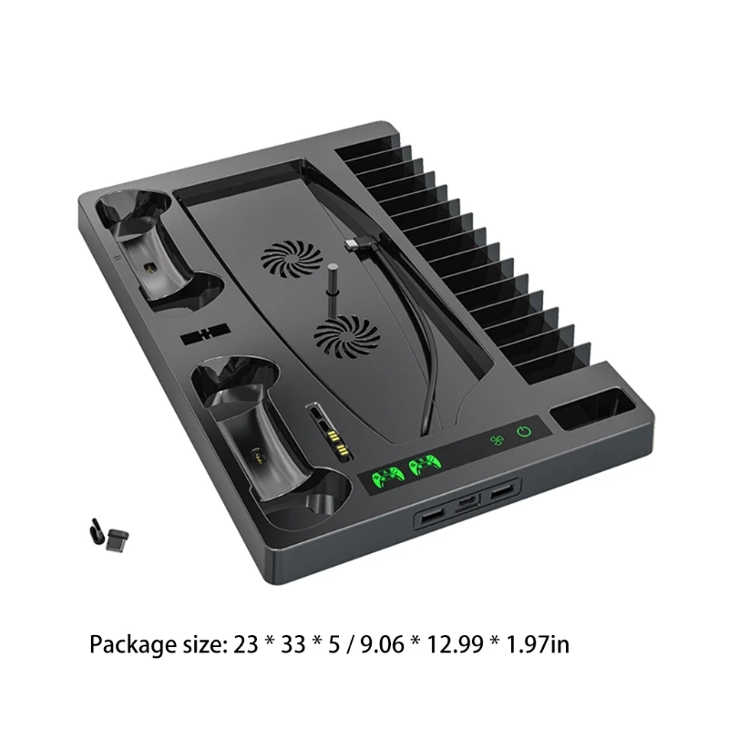 

Multifunctional Vertical Cooling Stand Base Fan Cooler Dual Charging Dock Station for PS5 Host with 15 Game Storage Headset Rack
