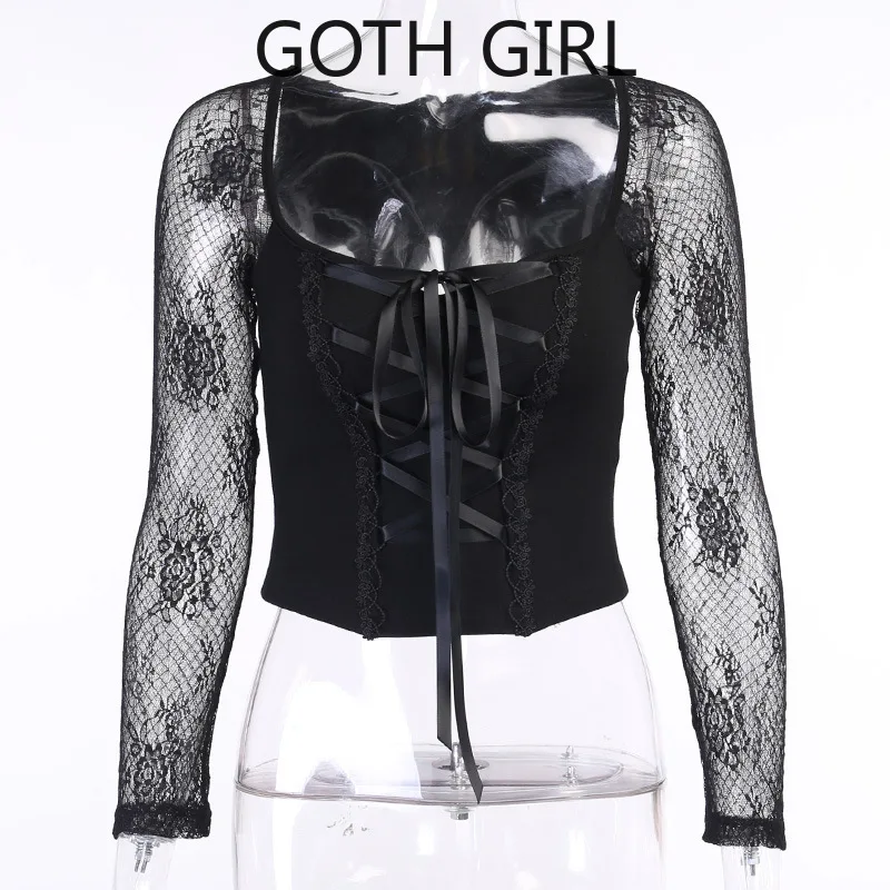 Женская кружевная блузка Goth Girl сексуальная рубашка с коротким рукавом и