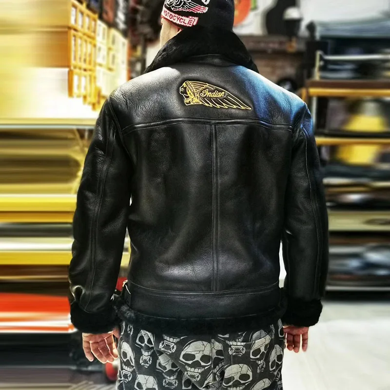 

European US IBKB3 Size High Quality Super Warm Genuine Sheep Leather Coat Mens Big B3 Shearling Bomber Military Fur Jacket