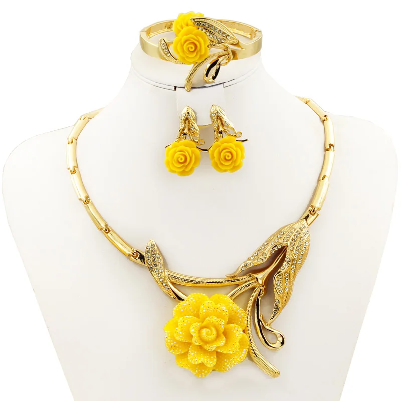 Женский ювелирный комплект из колье и серёг с красной желтой розой|crystal jewelry