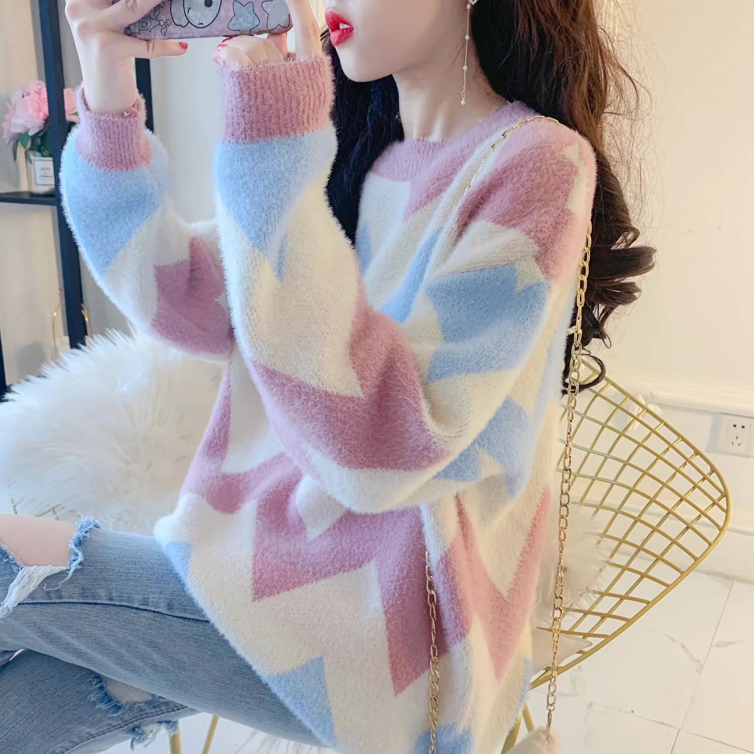 Mink Cashmere Spring 2020 winter knitted sweater velvet striped pullover Women sweaters and pullovers oversized 45G | Женская одежда