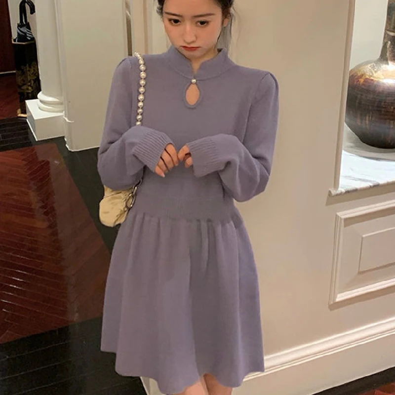 

Female Knit One Piece Dress Korean 2021 Spring Long Sleeve Party Kawaii Mini Dress Female Office Elegant Sweater Vintage Dress