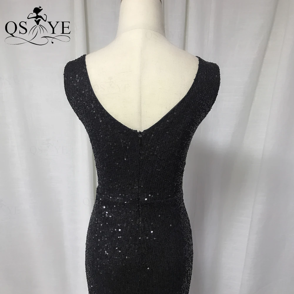

QSYYE Sequin Black Evening Dress Long Mermaid Prom Gown V Neck Sexy Party Dress Tulle Hem Glitter Lace Formal Dress Elastic