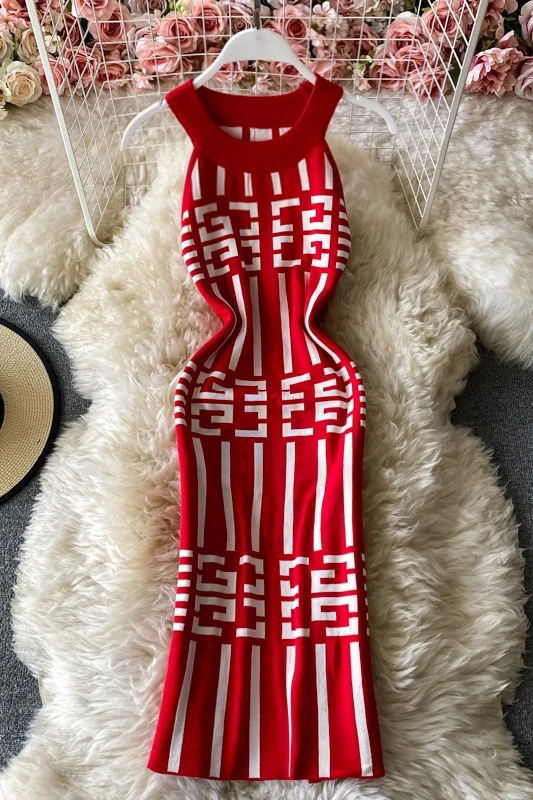 

Vintage fashion print bodycon knitting dress summer women's o-neck off shoulder stretch spaghetti strap dress geometric dress