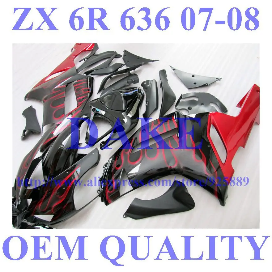 

Best Black Red Flame Fairing Kit FOR KAWASAKI NINJA ZX 6R 636 07 08 ZX-6R Tim ZX6R 2007 2008 ZX 6R 07 08 & Windscreen