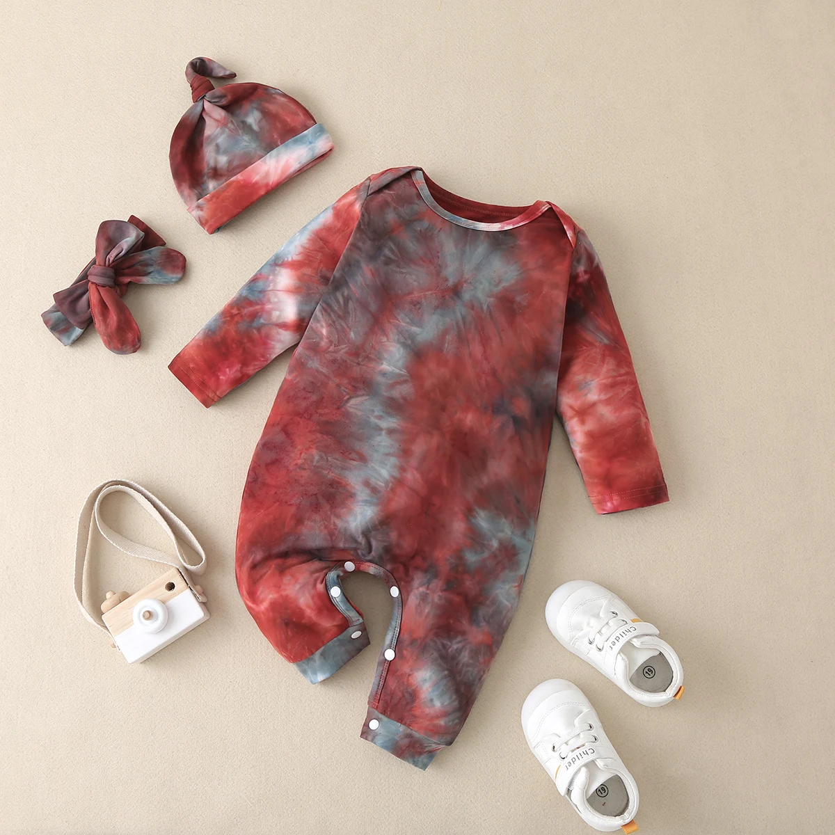 

Newborn jumpsuit children's clothing baby tie-dye pattern jumpsuit with hat and headband suitable for 3-24 months baby