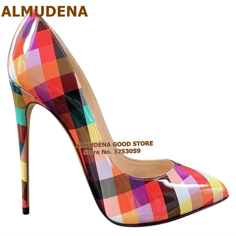 ALMUDENA Multicolor Checkered High Heel Shoes Colorized Plaid 12 10 8cm Gladiator Shoes Slip-on Shallow Wedding Pumps Size45