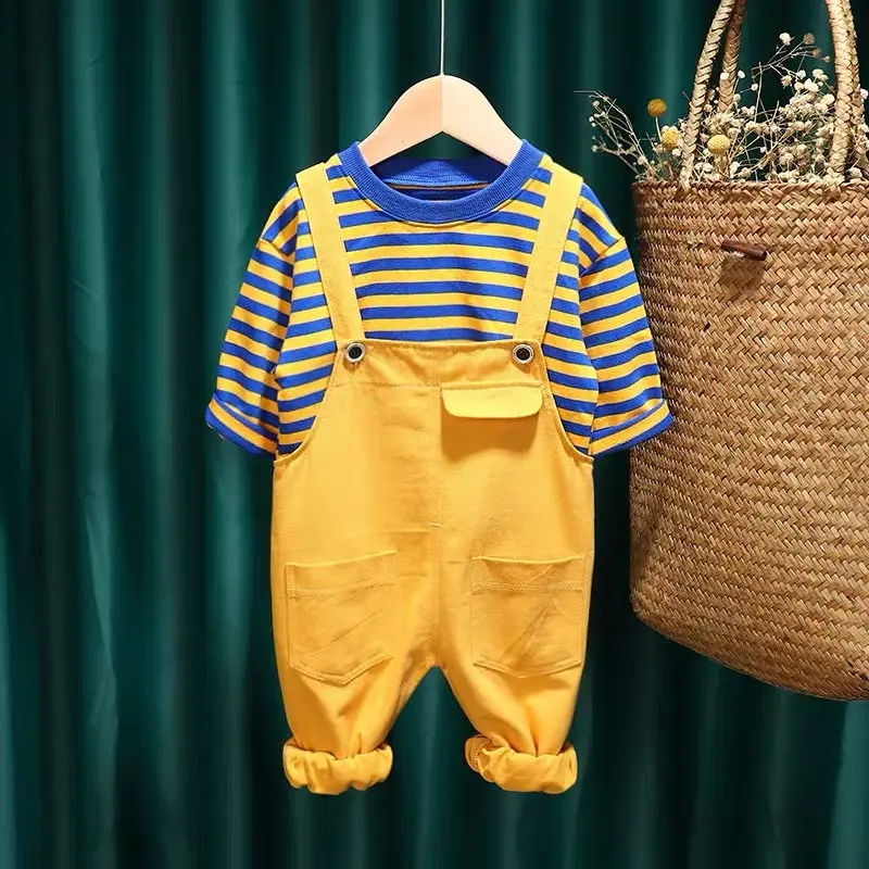 

Children Cotton Clothes Toddler Spring Autumn Baby Boy Girls Stripe T Shirt Pocket Bib Pants 2Pcs/sets Outfit Kid Tracksuits set
