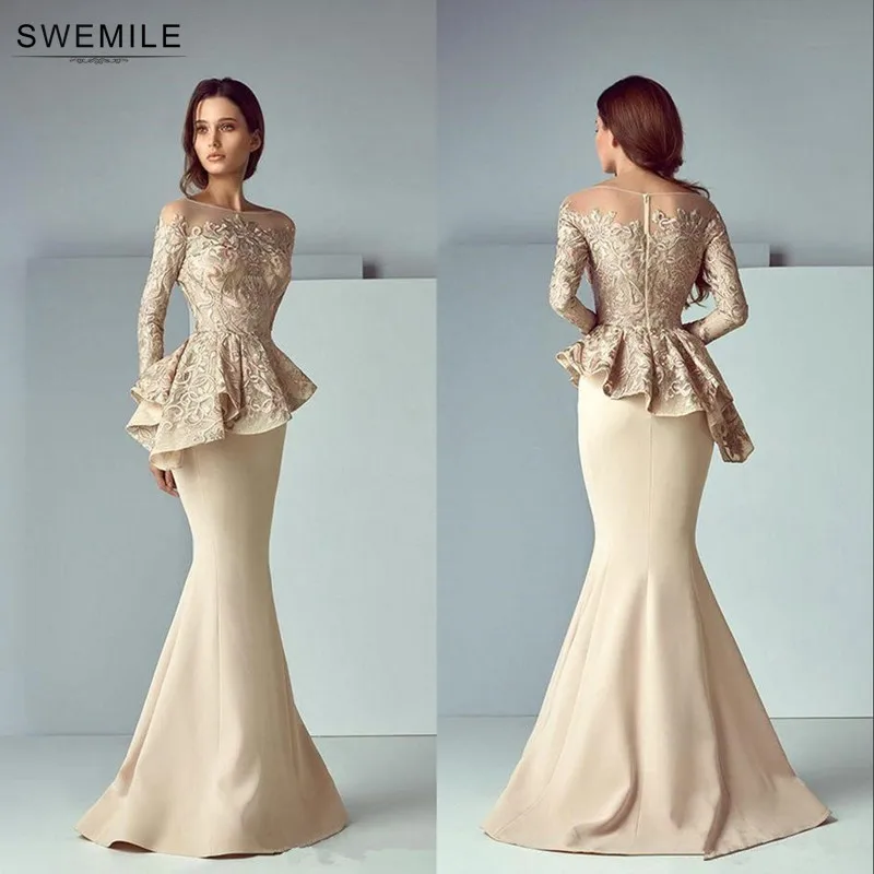 Кружевное длинное вечернее платье русалки цвета шампанского с баской 2020 вырезом