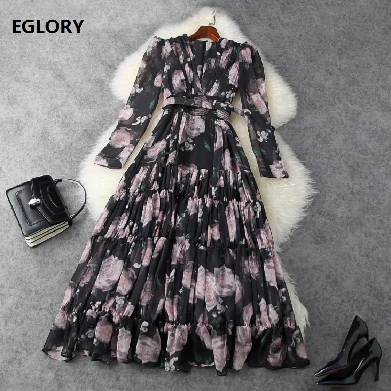

Sexy V-Neck Long Dress New 2021 Spring Summer High Quality Chiffon Women Vintage Print Long Sleeve Casual Maxi Dress Boho Beach