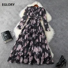 Vestido longo feminino com decote em v, novo maxi vestido casual de chiffon de alta qualidade com estampa vintage de manga comprida, para primavera e verão, boho de praia, 2021 (2)