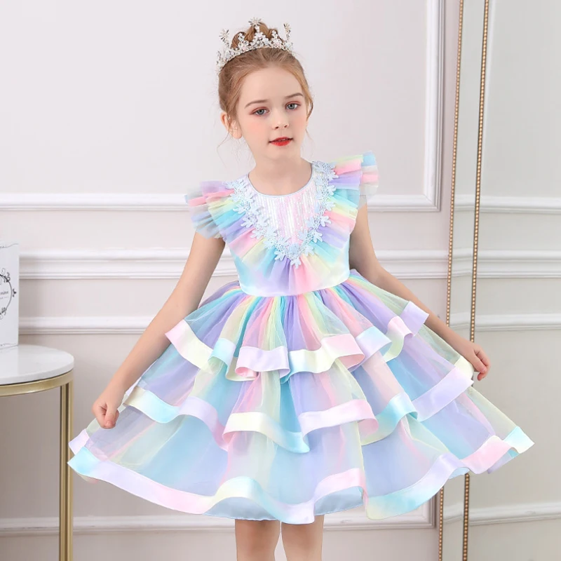 

2023 Kids Evening Dresses Wedding Party Dress For Girls Colorful Mesh Prom Gown Children Birthday Pageant Formal Dress