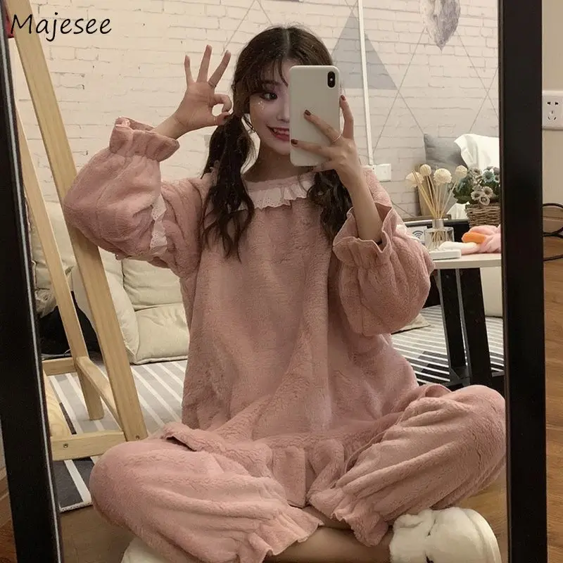 

Pajama Sets Women Lovely Winter Thickening Basic Lounge Casual Loose Fashion Sweet Girls Homewear Newest Female Students Ulzzang