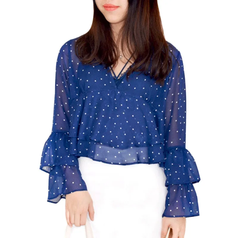 

Fashion Summer Women Polka Dot Chiffon V Neck Shirt Casual Long Sleeve Clothing Ruffles Tops