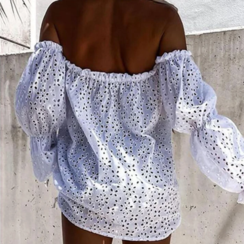 

Women Sexy Off Shoulder Backless Blouses Office Lady Solid Ruffle Hollow Out Top Shirt 2021 Autumn Long Sleeve Elegant Pullover