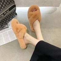 womens winter fur home slippers cross belt warm plush shoes open toe furry slippers indoor 2021 slippers women