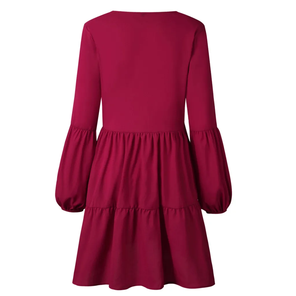 

Women's Dress Wine Red 2019 Fall Casual Office Dress Lantern Long Sleeve V-neck Draped Knee-length Dress Fashion Women Tunic#J30