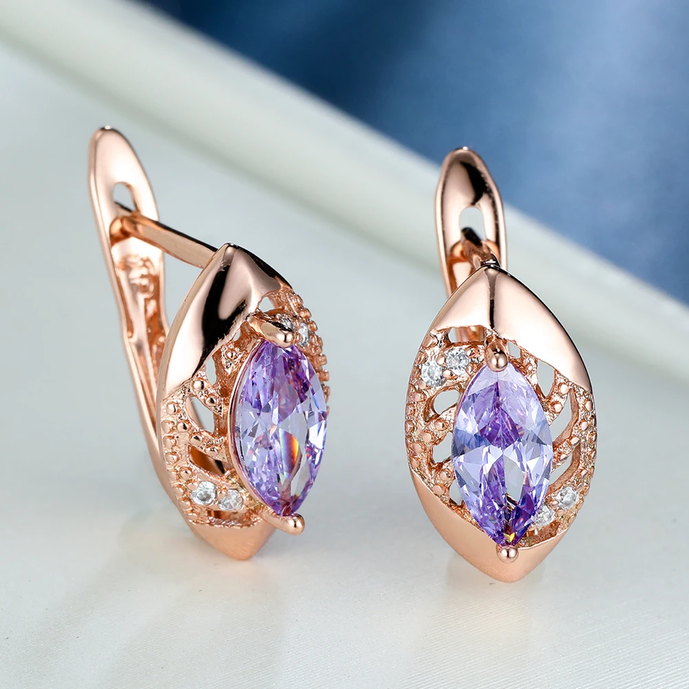 

1Pair 14K Rose Gold Filled Birthstone Diamond Drop Earrings Marquise Cut Purple Amethyst Earrings Hollow Leaf Shaped Clip on Ear
