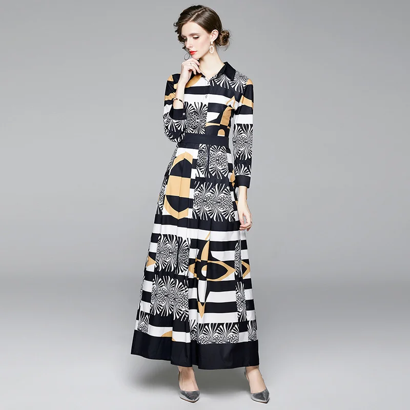 

New female dress professional wear spring and autumn fashion fashion waist slimming geometric printing stand-up collar long-slee