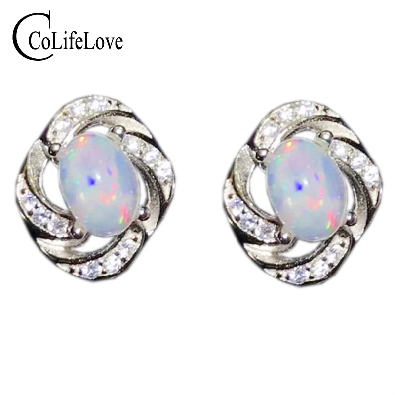 Серьги гвоздики из серебра 925 пробы с натуральным опалом 4 Х6 мм|Серьги-гвоздики| |