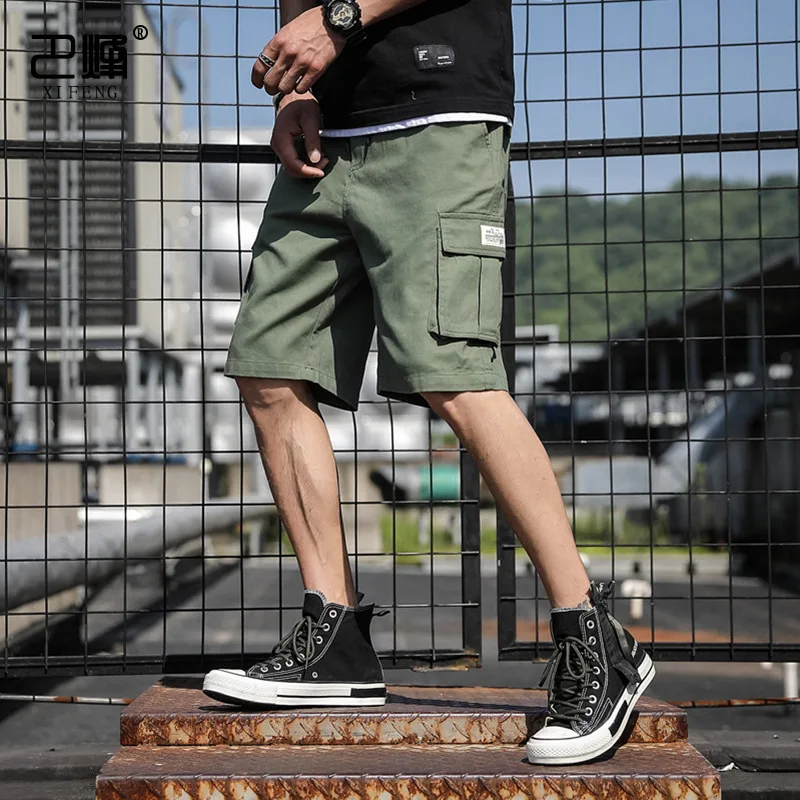 

Summer Men's Outdoor Camouflage Cargo Shorts Pocket Cotton Casual Half Pants Mid Waist Drawstring Loose Shorts Bib Overalls 7XL