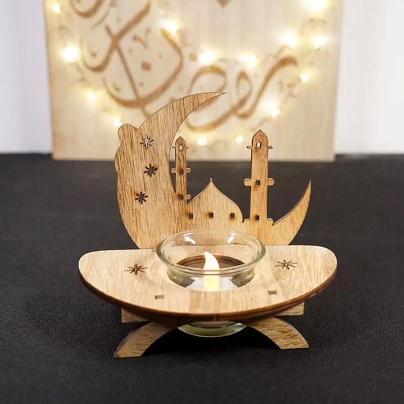 

DIY Wood Eid Mubarak Moon LED Candlestick Light Wooden Decoration Ramadan Home