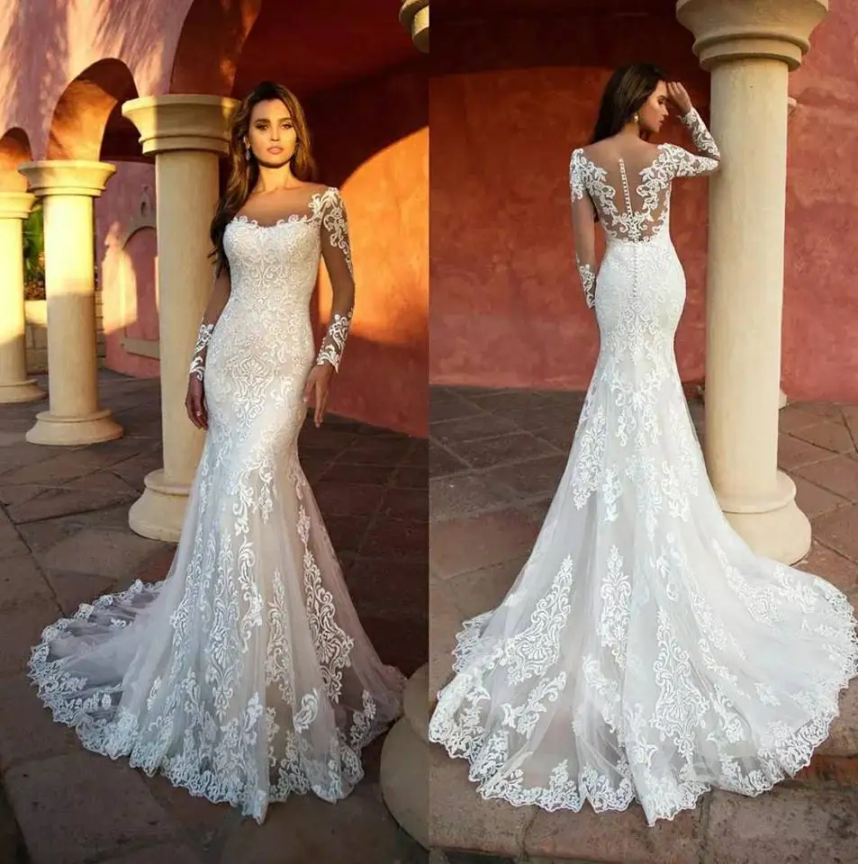 Купи Custom Made Lace Mermaid Wedding Dresses Long Sleeve White Wedding Gown Sexy Vintage 2022 Bride Dress Robe de mariage за 7,800 рублей в магазине AliExpress