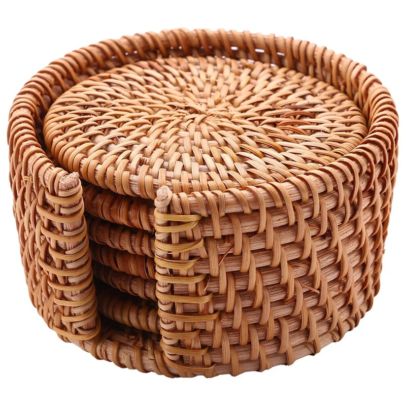

6Pcs/ Drink Coasters Set For Kungfu Tea Accessories Round Tableware Placemat Dish Mat Rattan Weave Cup Mat Pad Diameter 8Cm