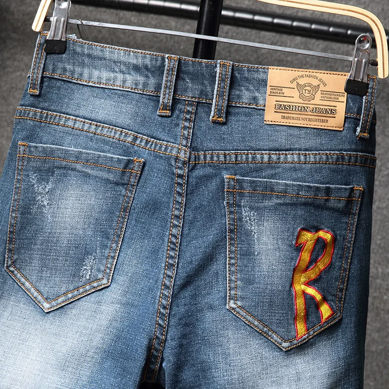 

2019 Men Jeans Ropas New Personality Modis Elastic Baqueros Embroidery Designer Jeans Men High Quality Hole Patch Straight Pants