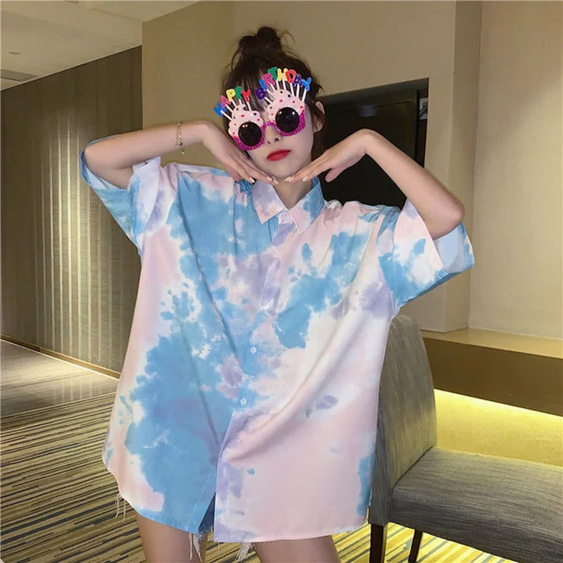 

XEJ Korean Fashion Chiffon Blouse for Women Tie Dye Women Tunic Short Sleeve Tees Street Style Thin Blouses Women Summer Top