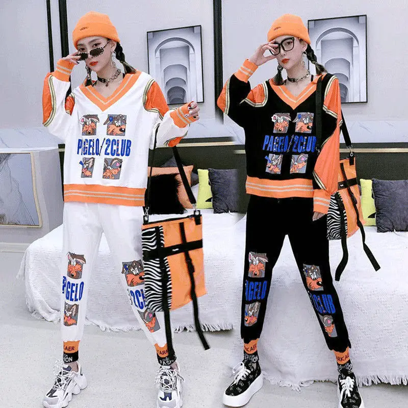 

2021 new spring and autumn new loose cotton sweater casual suit plus size V-neck long-sleeved trousers two-piece suit fashion