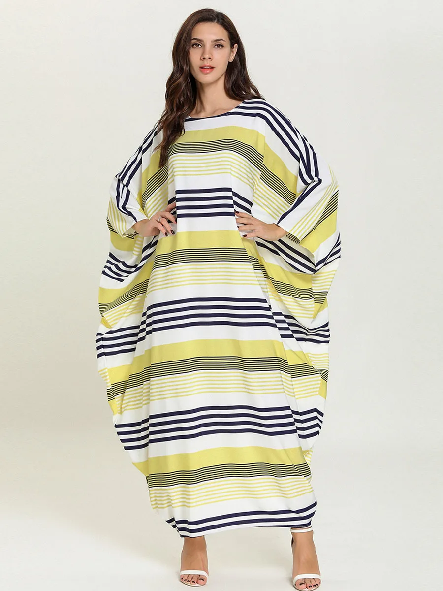 Марокканский кафтан удобное модное осеннее желтое Полосатое платье большого