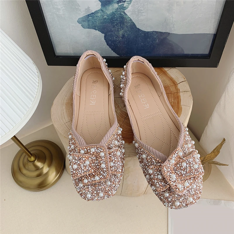 

2020 Women Flat Shoes Fashion Rhinestone Flat Ballet Bow-knot Slip On Ladies Lazy Loafers Casual Flat Shoes