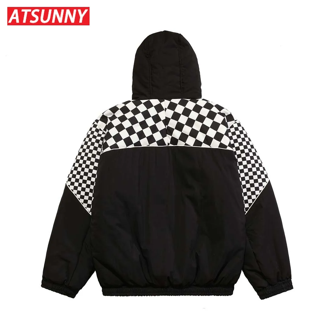 ATSUNNY Oversize Fashion Cotton Clothes High Street Retro Lattice Color Matching Parkas Hooded Cardigan Jacket for Men and Women