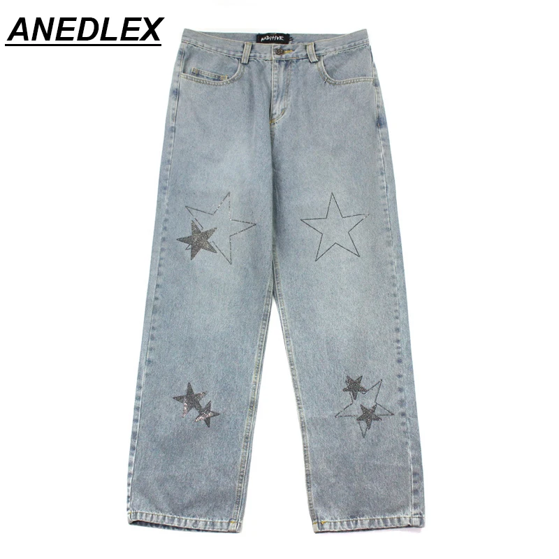 

2021 Star Fine Diamond Design Washed Wide-Leg Pants Men's Hip-Hop Street Jeans Fashion Loose Gothic Jeans Autumn Winter Jeans