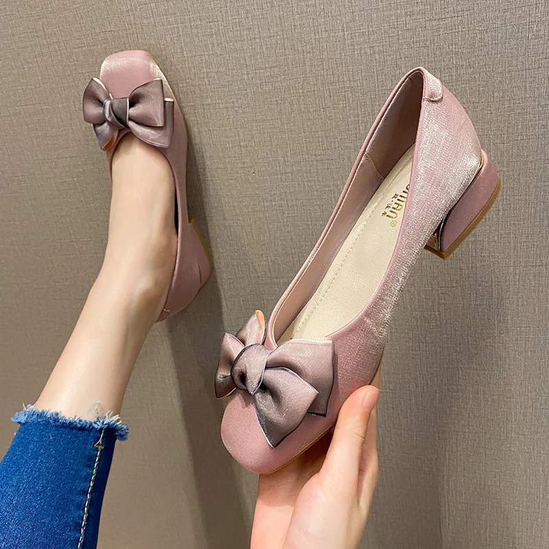 Elegant Hot Silk Butterfly-knot Mary Janes Woman Flats Thick Heels Loafers Square Toe Satin Grandma Shoes Women Plus Size 40-43