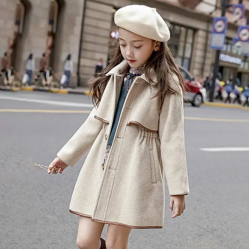 

New Girls Cashmere Outerwear Teenager 4-16 Year Girl Snowsuit Coat Children Ruffled Woolen Jacket Kids Thickened Winter Blends