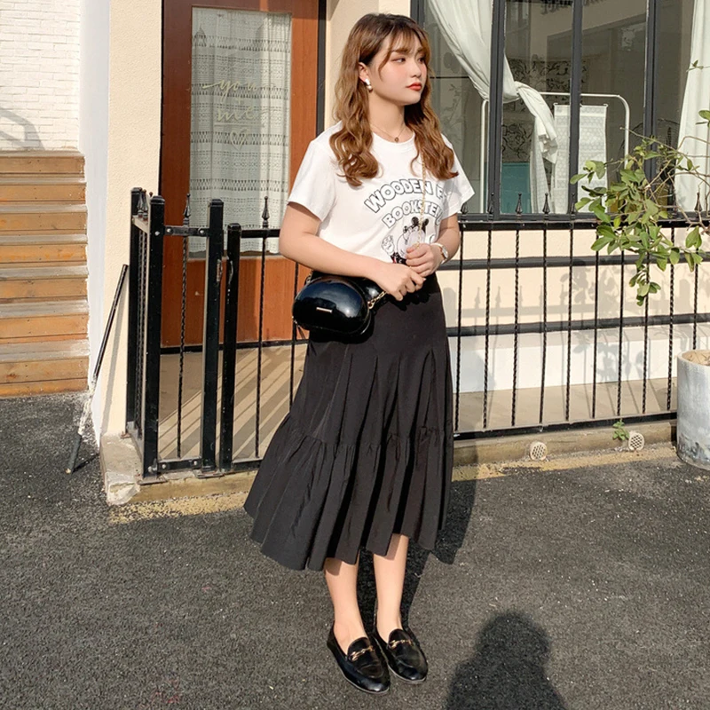 

Summer Big Size Midi Summer Skirt Women Korean Ladies High Waist Pleated School Skirt Female Plus Size Ruffles Skirts