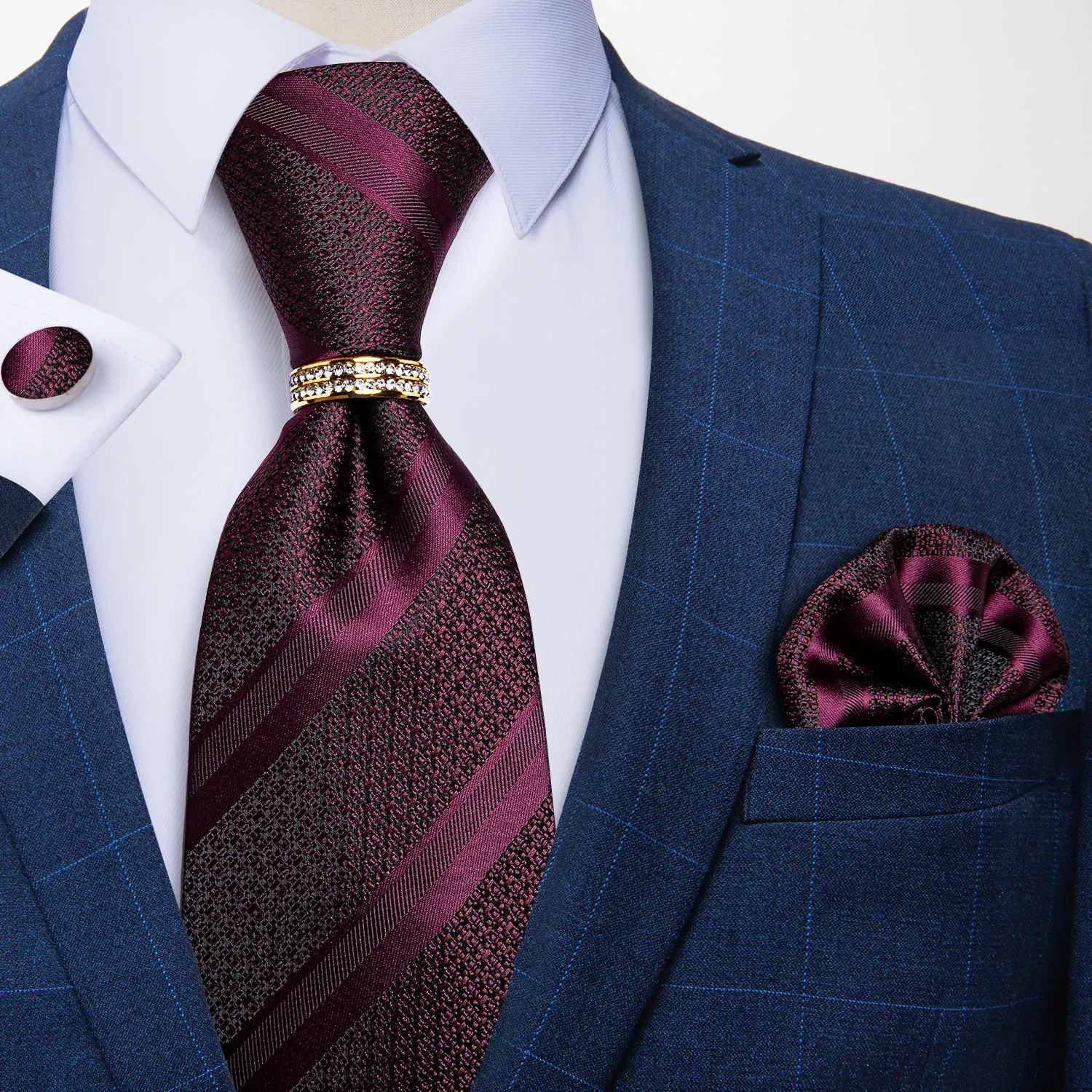 

Fashion Men's Tie 8cm Silk Necktie With Ring Pocket Square Cufflinks Set Wedding Party Tie Formal Business Neckties DiBanGu